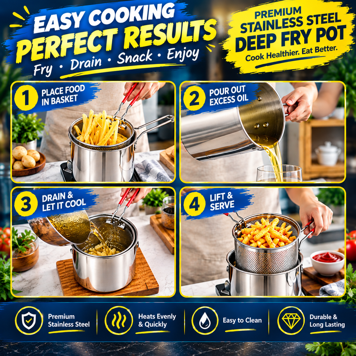 Deep Fry Oil Pot 1.4 L | Stainless Steel - (IMPORTED)