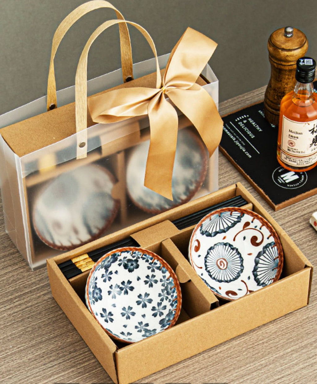 Ceramic Printed Bowls with Gift Bag and Chopsticks