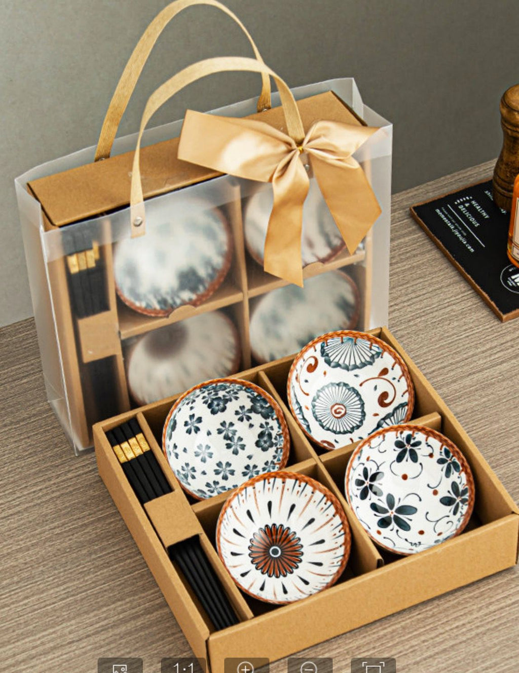 Ceramic Printed Bowls with Gift Bag and Chopsticks
