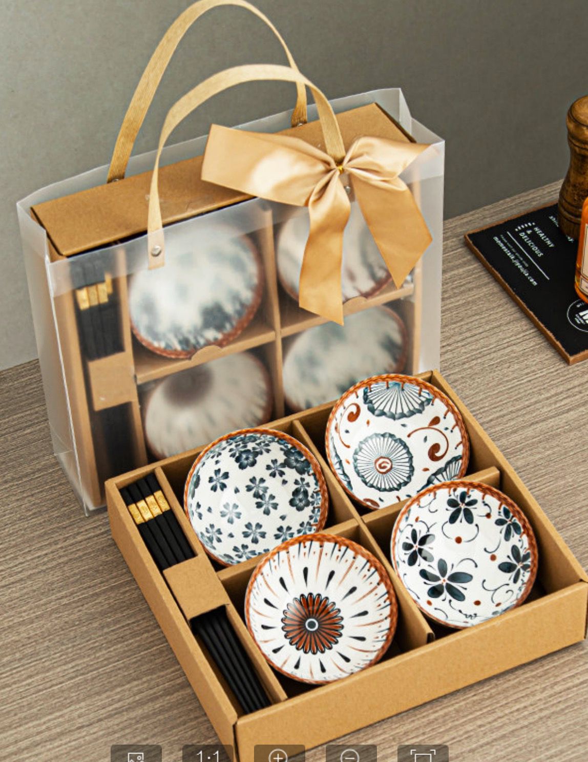Ceramic Printed Bowls with Gift Bag and Chopsticks